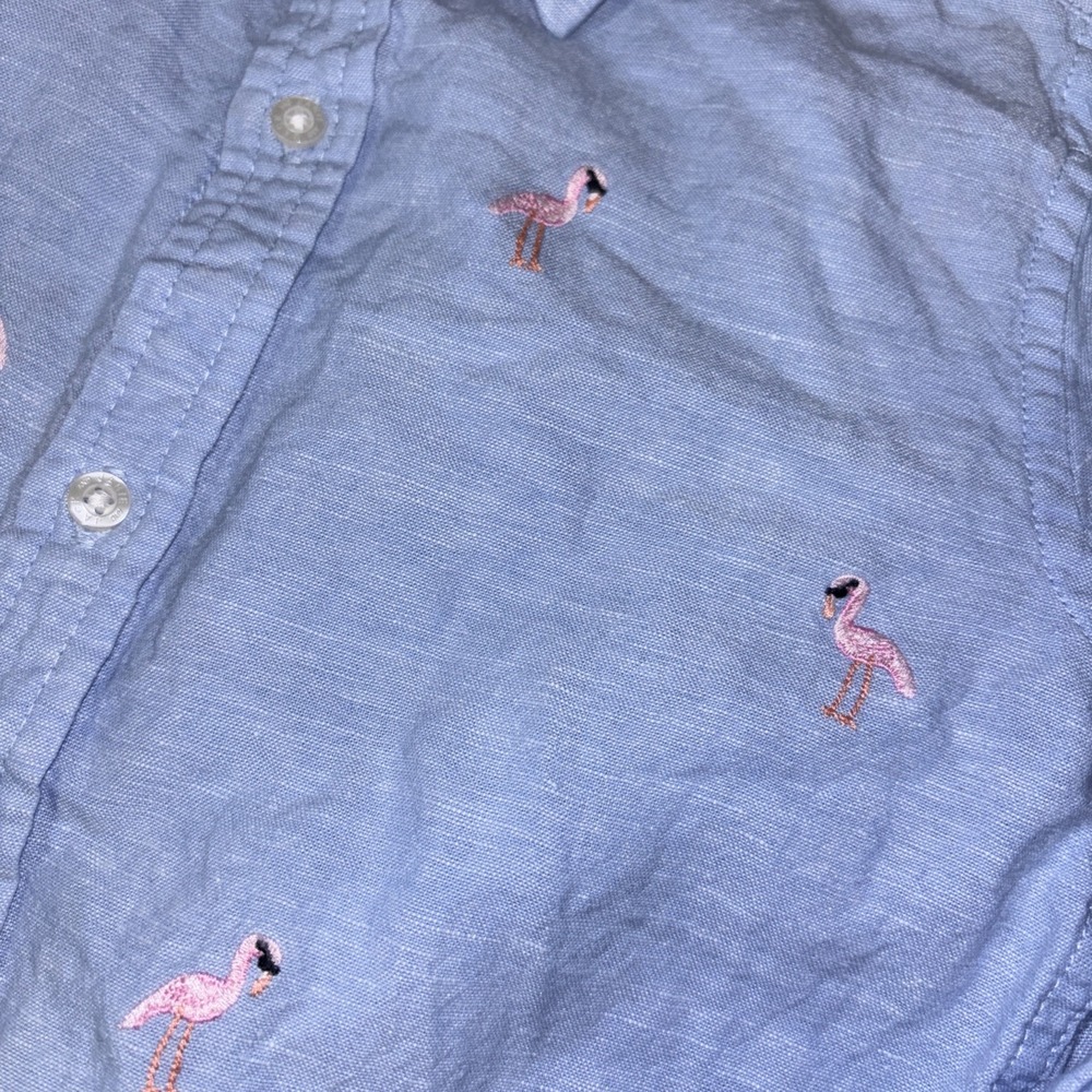 Janie and Jack Blue Linen Blend Button Down with Embroidered Flamingos Boys 7 - Picture 3 of 5